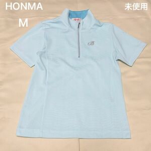 未使用　HONMA 本間ゴルフ ハーフジップ スタンドネック　半袖シャツ М　ボーダー　青　ブルー