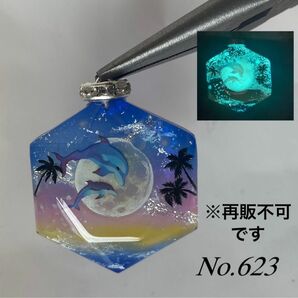 レジン/幻想の夜の親子イルカ　蓄光　オルゴナイトネックレス