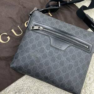 1円【美品】GUCCI グッチ GGスプリーム 総柄 メンズ ショルダーバッグ サコッシュ ポシェット 斜め掛け PVC×レザー ブラック 黒