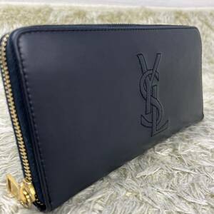 1円 極美品 YVES SAINT LAURENT YSL イヴサンローラン 長財布 メンズ レディース ラウンドファスナー ロゴ金具 ステッチ 刺繍 ネイビー 紺