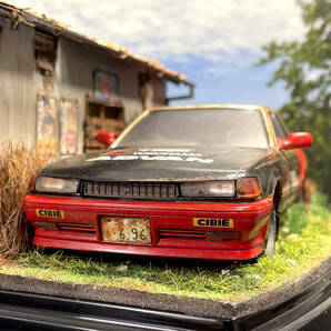 日本の名車 1/24 トヨタ クレスタ JZX81 ‘90草ヒロ車両風景ジオラマ 自作完成品 ケース付の画像4