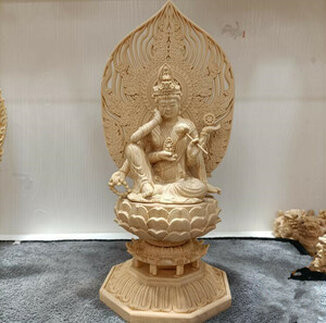  super popular * total hinoki cypress material tree carving Buddhist image Buddhism fine art precise skill ... finishing goods . meaning law wheel . bodhisattva image ornament 