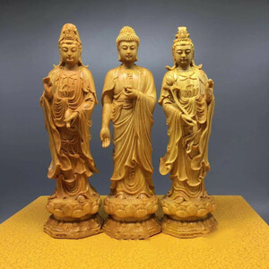  high quality * Buddhism fine art height approximately 20cm..... three .. image tsuge. sound bodhisattva tree carving Buddhist image precise skill 