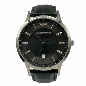 稼働品 EMPORIO ARMANI エンポリオ アルマーニ AR-2411 黒文字盤 デイト ラウンド SS 革 レザーベルト QZ クォーツ メンズ 腕時計 ケース付