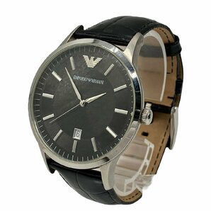 稼働品 EMPORIO ARMANI エンポリオ アルマーニ AR-2411 黒文字盤 デイト ラウンド SS 革 レザーベルト QZ クォーツ メンズ 腕時計 ケース付の画像2