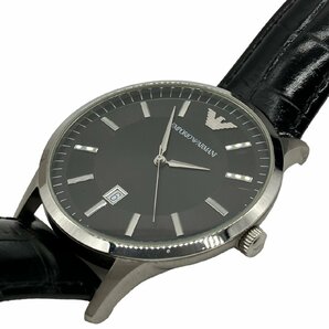 稼働品 EMPORIO ARMANI エンポリオ アルマーニ AR-2411 黒文字盤 デイト ラウンド SS 革 レザーベルト QZ クォーツ メンズ 腕時計 ケース付の画像4