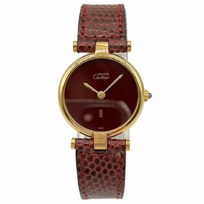 Cartier マスト ヴァンドーム ヴェルメイユ ラウンド ボルドー文字盤 ゴールドカラー SV925 レザー 革ベルト クオーツ レディース 腕時計の画像1