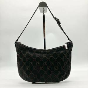 1円〜 【美品】　GUCCI グッチ GGキャンバス デニム　アクセサリーポーチ ハンドバッグ　ハーフムーン ブラック　黒