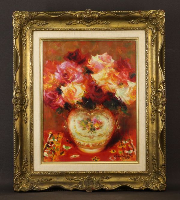 I040702 [Authenticity Guaranteed] Biichi Yamamoto F6 Oil Painting (Rose) Oil Painting Framed, painting, oil painting, still life painting