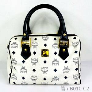 【中古】 MCM　ロゴグラム ミニボストンバッグ　ハンドバッグ　レザー　ホワイト