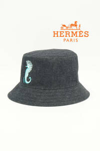 HERMES エルメス タツノオトシゴ コットン×リネン デニム バケットハット size 60 0429452