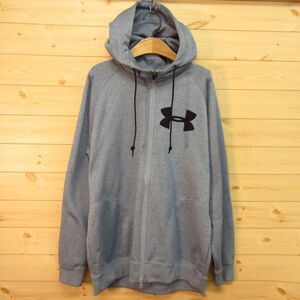 ◎美品！UNDER ARMOUR アンダーアーマー◆ダブルジップ パーカー フード スウェット ストレッチ デカワッペン◆メンズ 青 SMサイズ◆KA4928