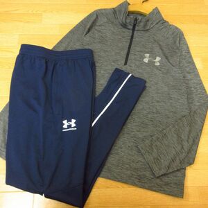 ◎美品！Lサイズ 上下セット！UNDER ARMOUR アンダーアーマー◆ジャージ ジャケット&ジョガーパンツ ドライ 速乾◆メンズ グレーx紺◆B4133