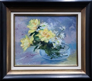 Art hand Auction [Sora] Guaranteed authentic, Nagino Osamu's Yellow Rose oil painting, size F3, signed and endorsed, framed, member of Issuikai, winner of the Japan Landscape Exhibition, C2A29.j.2.1.D, Painting, Oil painting, Still life