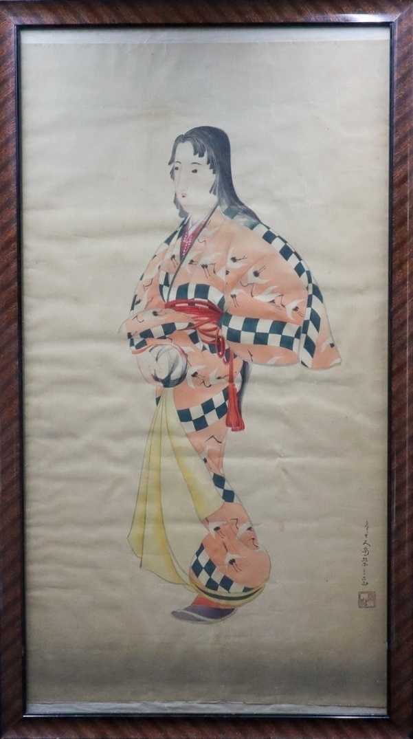 [Air] Copy, Tori Bunsai Hideyuki (Hosoda Hideyuki) Beautiful woman, Silk version, Signed, Framed, Nishiki-e, Ukiyo-e artist of the late Edo period Master: Bunryusai 9F30.k.3.2.F, painting, Ukiyo-e, print, Beautiful woman painting