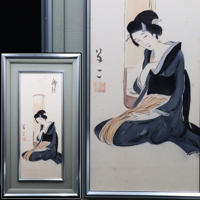 [Sora] Reproducción de la tienda de sake de Yumeji Takehisa sobre seda, pintura japonesa, con firma, enmarcado, Romance Taisho, maestro de pintura de belleza, Artista de ukiyo-e 12T09.oF, Cuadro, pintura japonesa, persona, Bodhisattva