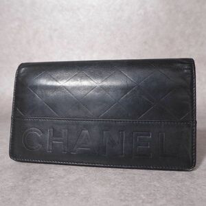 4-TA062 シャネル CHANEL ロゴ 二つ折り 長財布 レザー ウォレット ブラック レディース