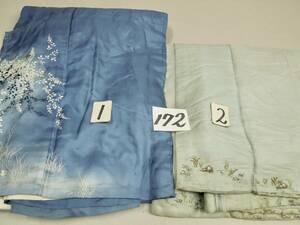 絹織物　古布　古裂　No172　時代着物（１）花木に蔦と鳥の図（２）野原に花の図　少し刺繍　アンティーク　リメイク　パッチワーク　　　