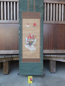 古い木版地手描彩色の阿波天行山三面六臂摩利支天仏画軸・肉筆・仏教美術・時代物保証