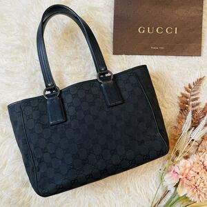 美品＊GUCCI グッチ トート ハンドバッグ gg A4 キャンバス レザー 肩掛け ブラック 黒　black 鞄 かばん bag PC パソコン