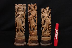 43^ India tree carving Buddhist image 3 body ^Poompuhar/ small . sculpture / Buddhism fine art / ornament / Sara svati/ comb .lina god image /la comb .mi- image / white ./ consumption tax 0 jpy 