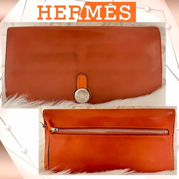 希少品 HERMES エルメス ドゴンロング 長財布 オレンジ系 レディース