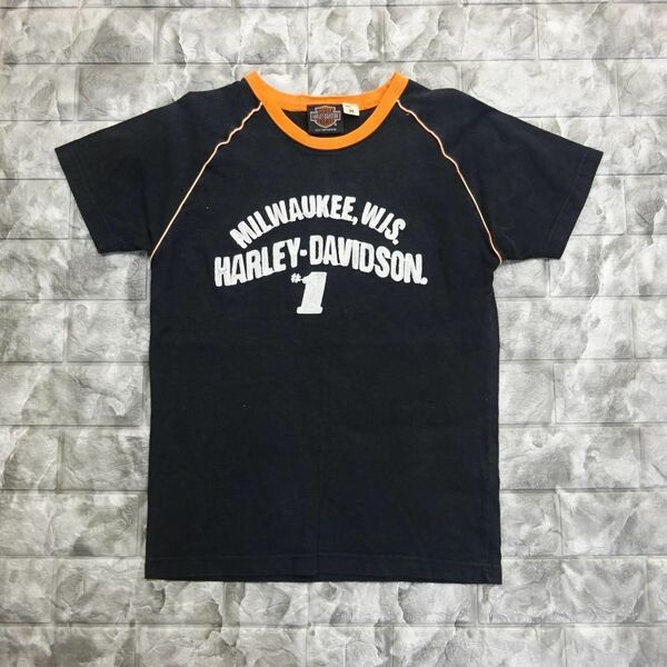 ハーレーダビッドソン ラグランTシャツ M ブラック オレンジ 刺繍ロゴ 半袖 8065