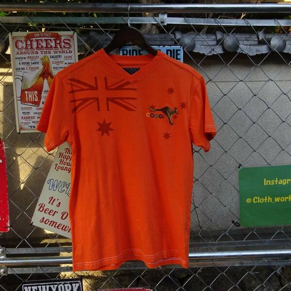 クージー 半袖Tシャツ L オレンジ VネックTシャツ 刺ロゴ ポイント刺 10004