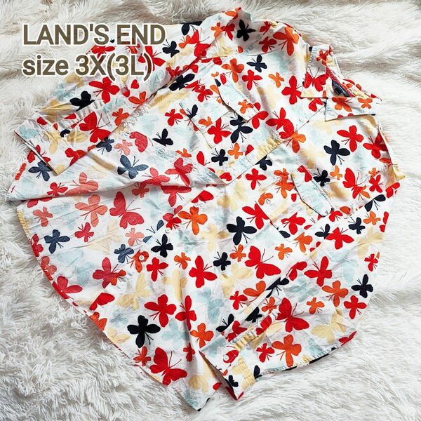 【大きいサイズ】LAND'S END シャツ 3X (3L) 蝶 総柄