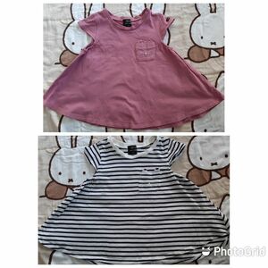 美品　プティマイン　 半袖Tシャツ　カットソー　猫ポケット　２枚セット　ピンク　ボーダー　 Tシャツ 女の子