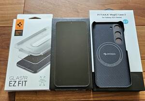 【美品】Samsung Galaxy S23 SM-S911C(楽天SIMフリー) ファントム ブラック & PITAKA MagEZ Case3 & SPIGEN 保護ガラス 1枚