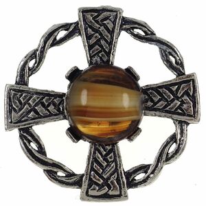 UK1652* Celt 10 character Cross brown group marble kaboshon color stone England Britain * Vintage brooch 