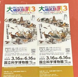 国立科学博物館 特別展 大哺乳類展3 2024年6月16日まで 大人2枚セット チケット ペア　通常4,200円　 招待券