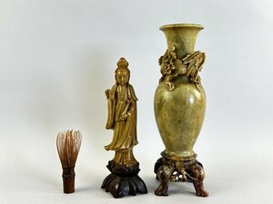 i172 寿山石 蝋石 石彫刻 花瓶 仏像 2点 まとめて 置物 花器 飾り壺 仏教美術