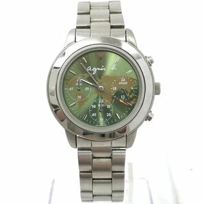 agnes b アニエスベー 腕時計 V654-6100 クオーツ アナログ ラウンド カーキ シルバー ウォッチ クロノグラフ 5気圧防水 動作確認済みの画像2