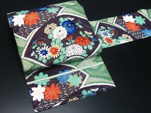 KO-03 グリ－ン地色に扇面柄の名古屋帯 レトロ刺繍帯 時代着物帯【匿名配送】