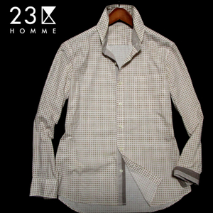 【23区HOMME】 フローラルドット総柄　長袖カッタウェイシャツ　袖口別布　サイズ46（M） ベージュ系　23区オム　オンワード樫山