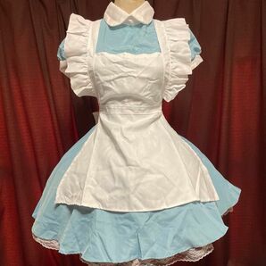 アリス コスプレ 衣装 膝丈ワンピース 水色 ブルー メイド服