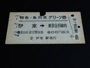 【特急・急行用グリーン券(A型常備券)】　伊東→東京山手線内　S48.1.3