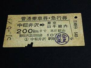 【普通乗車券・急行券(A型一葉券)】　中軽井沢→東京山手線内　本庄経由　S51.5.23　[裏スジ/しわ]