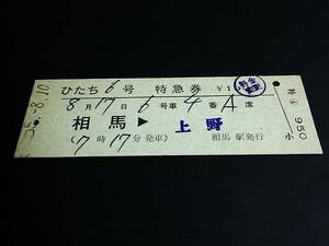 【[列車名/発駅印刷]特急券(D型)】　「ひたち６号」相馬⇒上野　S55.8.10