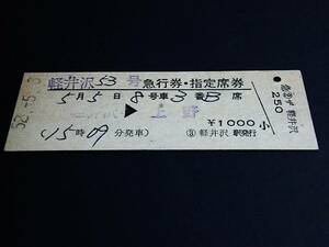 【急行券・指定席券(D型)】　「軽井沢53号」軽井沢⇒上野　S52.5.3