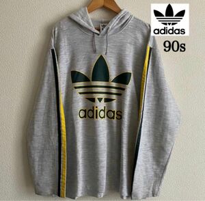 adidas 90s ビッグトレフォイルロゴプリント スウェットパーカー ビッグロゴ トレーナー 長袖トップス グレー 灰色