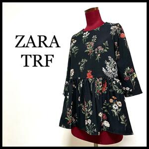 ZARA TRF カットソー ７分袖 チュニック フレア 薄手 花柄 黒 XS