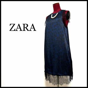 ZARA ワンピース ノースリーブ レオパード レース サテン 光沢 紺 M