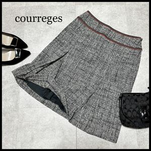 courreges クレージュ ボックスプリーツスカート ツイード ロゴ入 韓国 ウール グレー M