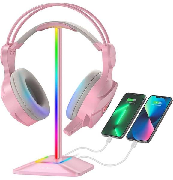 ヘッドホンスタンド 卓上 ヘッドセットスタンド 多機能7色充電式RGB 1つのTypeC入力ポートと2つの出力ポート(TypeC、USB)を装備 (ピンク)