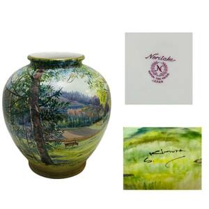 オールドノリタケ S.Kimura 手描 風景画花瓶 高さ25cm サイン入り 花入 花器 