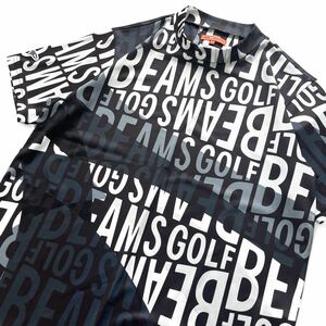 未使用級■BEAMS GOLF ビームス ゴルフ【XL】ロゴ サイケ 総柄 モックネックシャツ ゴルフウェア ストレッチ 吸水速乾 23年モデル ブラック