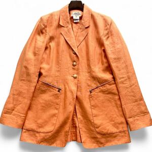 超希少■HERMES PARIS エルメス 42 XL リネンジャケット オレンジ ビッグポケット レディース フランス製 麻 春夏 テーラードジャケット